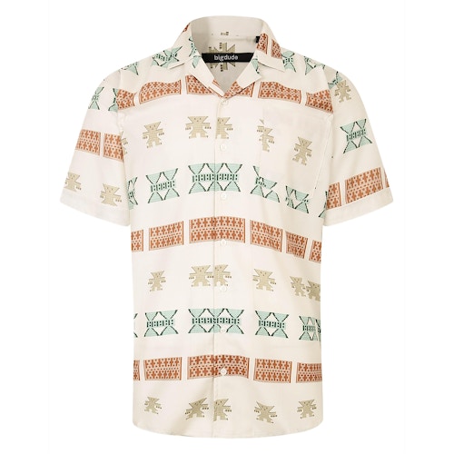 Bigdude – Kurzärmliges Hemd mit entspanntem Kragen und Azteken-Print in Beige Tall