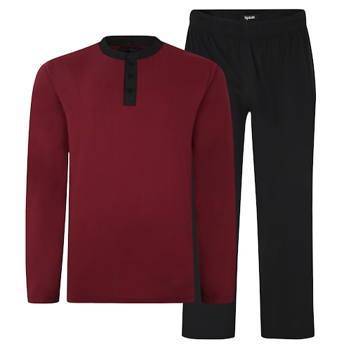 Bigdude Contrast Grandad Long Sleeve Pyjama Set Burgundy/Black