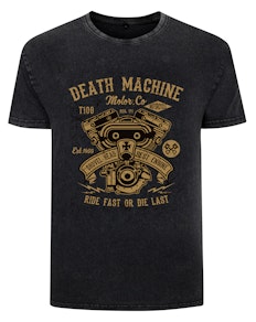 Bigdude Death Machine Print Short Sleeve Acid Wash T-Shirt Tall Washed Black