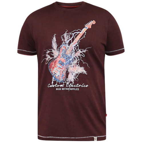 D555 Redbourne Lightning Bolt Guitar Print T-Shirt Burgundy/Black Twist