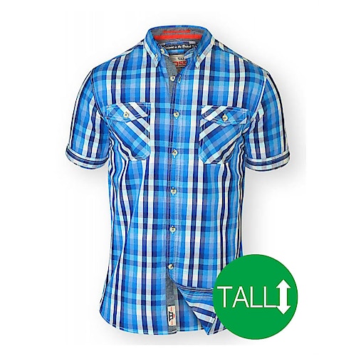 D555 Emanuel Short Sleeved Check Shirt - Turquoise/ Blue Tall