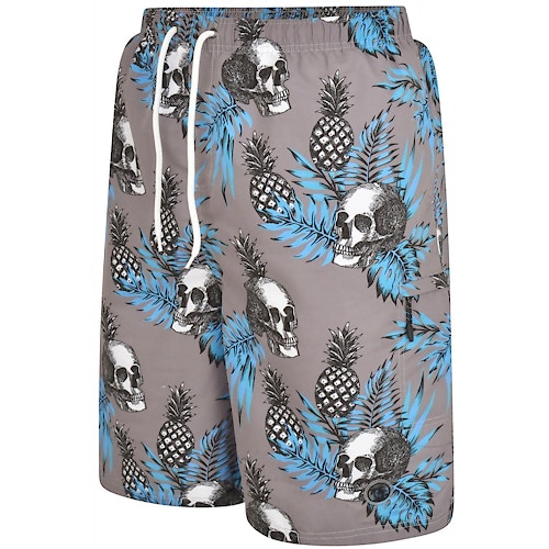 Espionage Floral Skull Print Swim Shorts Grey