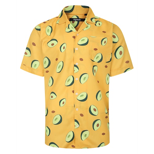 Bigdude – Kurzärmliges Hemd mit entspanntem Kragen und Avocado-Print, Senfgelb, Tall