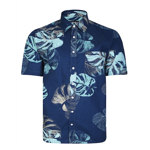 Bigdude Kurzarmhemd mit Blattdruck Marineblau Tall