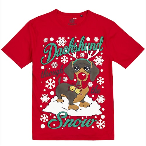 Dackel Dackel Weihnachtsdruck T-Shirt Rot