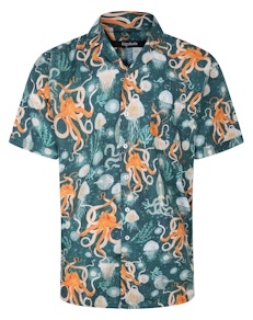Bigdude – Kurzarmhemd mit entspanntem Kragen und Oktopus-Print, Dunkelgrün, Tall