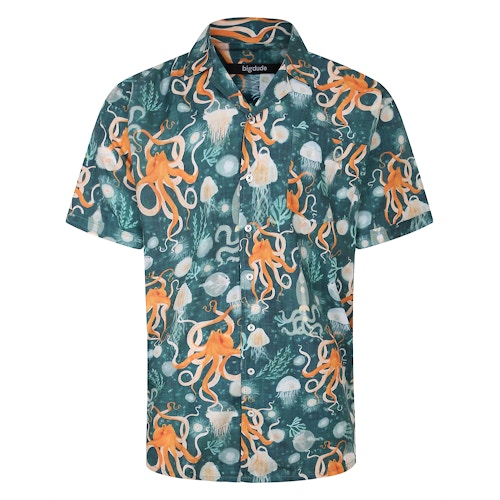 Bigdude – Kurzarmhemd mit entspanntem Kragen und Oktopus-Print, Dunkelgrün, Tall