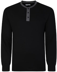 Bigdude Woven Contrast Grandad Long Sleeve T-Shirt Black