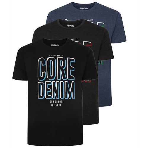 Bigdude 3 Pack Core Denim Printed T-Shirts