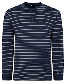Bigdude Gestreiftes Grandad-T-Shirt mit langen Ärmeln, Marineblau/Grau