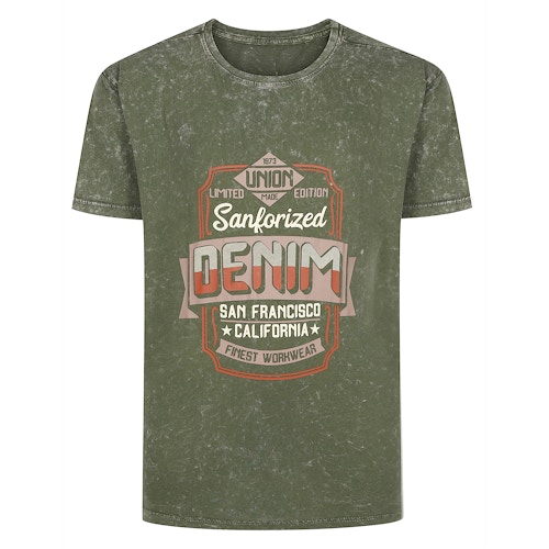 Bigdude Finest Workwear Print Acid Wash Short Sleeve T-Shirt Olive