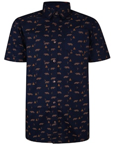 Bigdude Short Sleeve Cotton Woven Bear Print Shirt Navy/Brown Tall