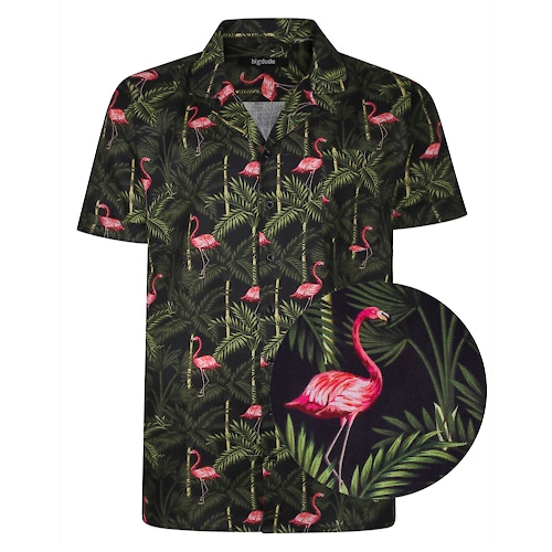Bigdude Relaxed Collar All Over Flamingo Print Woven Short Sleeve Shirt Black