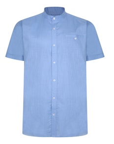 Bigdude Woven Linen Grandad Collar Short Sleeve Shirt Blue
