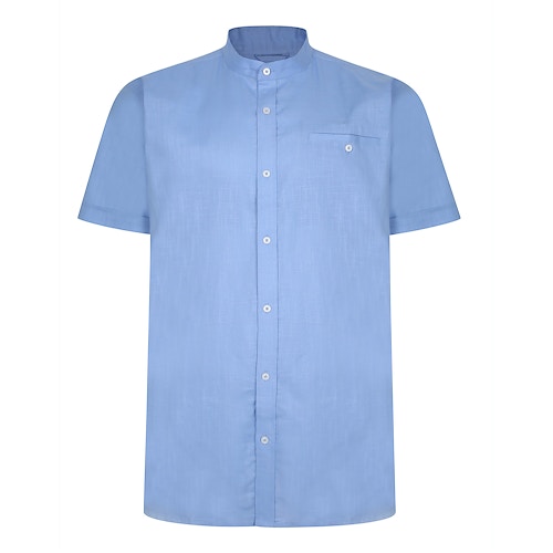 Bigdude Woven Linen Grandad Collar Short Sleeve Shirt Blue