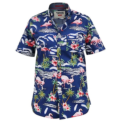 D555 Durham Flamingo Hawaiian Print Short Sleeve Shirt Blue