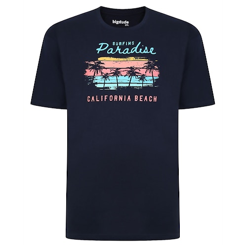 Bigdude 'Surfing Paradise' Bedrucktes T-Shirt Marineblau Tall