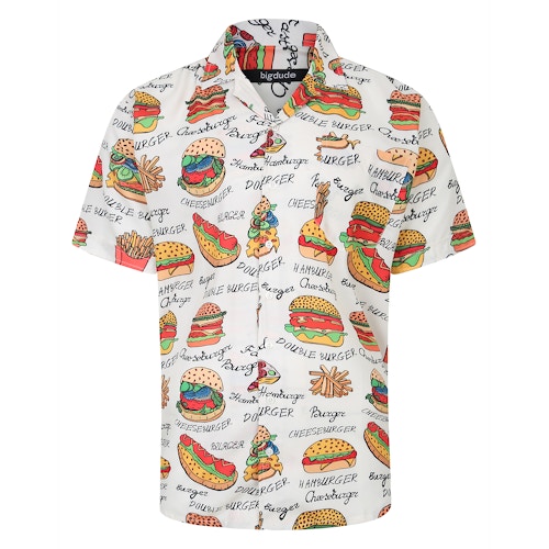 Bigdude – Kurzärmliges Hemd mit entspanntem Kragen und Fast-Food-Print in Gelb