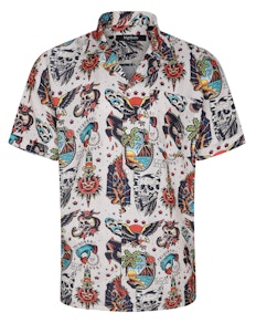 Bigdude Relaxed Collar Vintage Tattoo Short Sleeve Shirt Cream