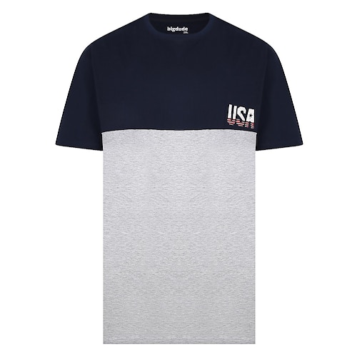 Bigdude Cut & Sew T-Shirt With Chest Print Navy/Grey Marl