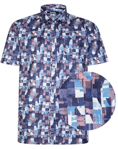 Bigdude All Over Abstract Print Woven Short Sleeve Shirt Navy Coral Tall