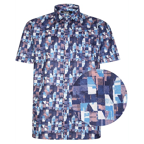 Bigdude All Over Abstract Print Woven Short Sleeve Shirt Navy Coral Tall