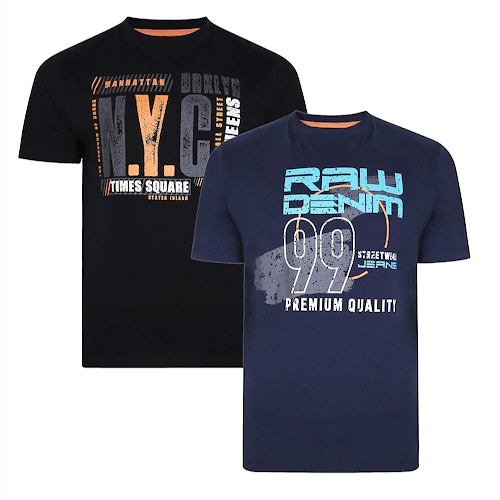 KAM T-Shirt mit Raw Denim/NYC-Print, 2er-Pack Marineblau/Schwarz