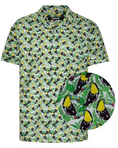 Bigdude Relaxed Collar All Over Toucan Print Woven Short Sleeve Shirt Green