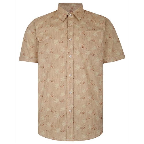 Bigdude Short Sleeve Cotton Woven Leaf Print Shirt Sand/Brown Tall