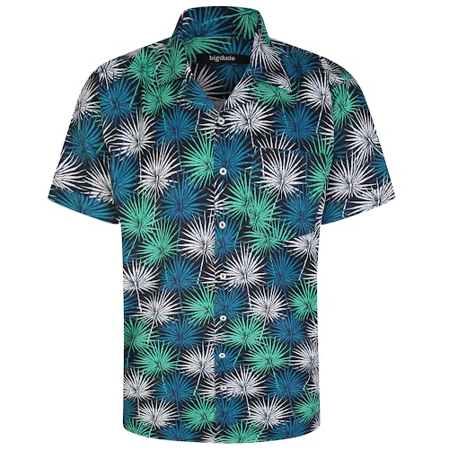 Bigdude Relaxed Collar Leaf Print Short Sleeve Shirt Green/Blue Tall