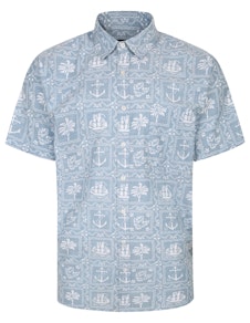 Bigdude Kurzarmhemd mit nautischem Print, Grau Tall Fit