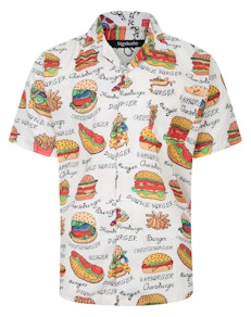Bigdude – Kurzärmliges Hemd mit entspanntem Kragen und Fast-Food-Print, Gelb, Groß
