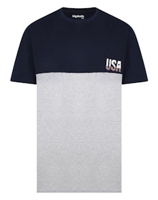 Bigdude Cut & Sew T-Shirt mit Aufdruck auf der Brust Marineblau/Grau meliert Tall