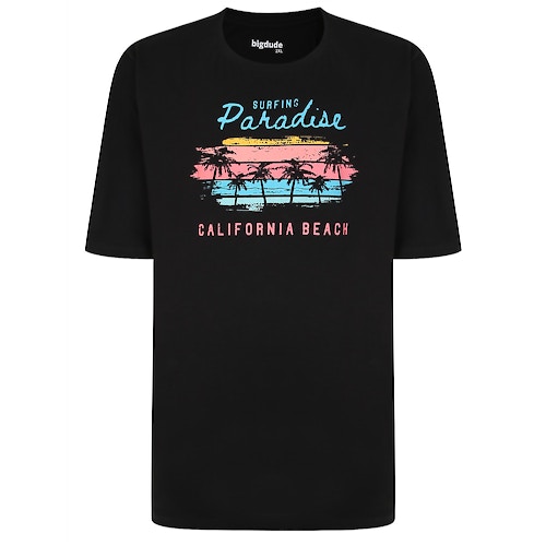 Bigdude 'Surfing Paradise' Bedrucktes T-Shirt Schwarz Tall