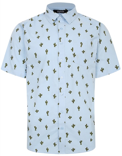 Bigdude All Over Cactus Print Short Sleeve Shirt Light Blue Tall