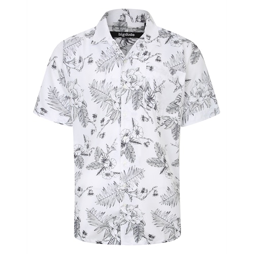 Bigdude Relaxed Collar Botanic Print Short Sleeve Shirt Black/White Tall
