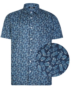 Bigdude All Over Leaf Print Woven Short Sleeve Shirt Blue