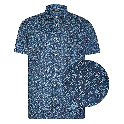 Bigdude All Over Leaf Print Woven Short Sleeve Shirt Blue