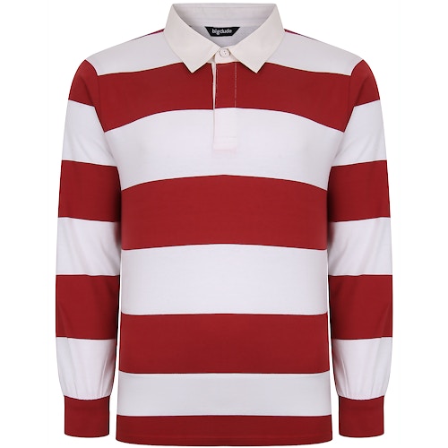 Bigdude Rugby Style Striped Long Sleeve Polo Shirt Red/White