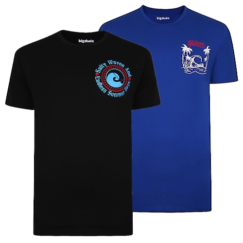 Bigdude Print T-Shirts im Doppelpack Königsblau/Schwarz Tall Fit 