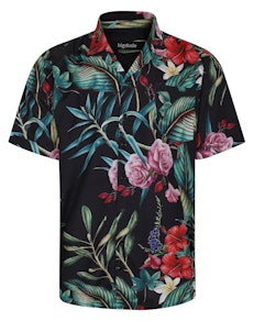 Bigdude Relaxed Collar Flower Print Short Sleeve Shirt Black