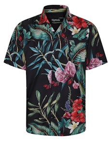 Bigdude Relaxed Collar Flower Print Short Sleeve Shirt Black