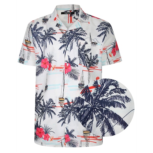 Bigdude Relaxed Collar All Over Floral Print Woven Short Sleeve Shirt White