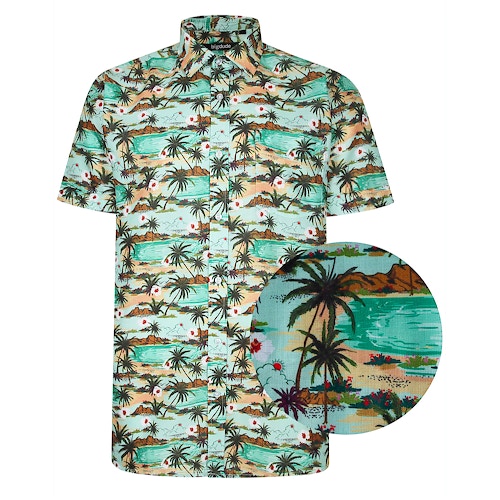 Bigdude All Over Desert Island Print Woven Short Sleeve Shirt Green Tall