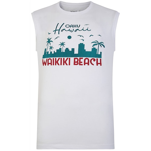 Bigdude Beach Print Sleeveless T-Shirt White Tall