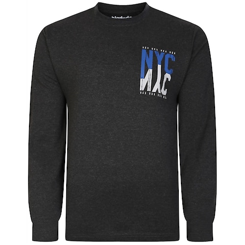 Bigdude NYC Crew Neck Long Sleeve T-Shirt Charcoal Marl