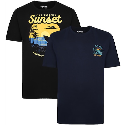 Bigdude T-Shirt mit Sonnenuntergangsdruck, 2er-Pack, Schwarz/Navy