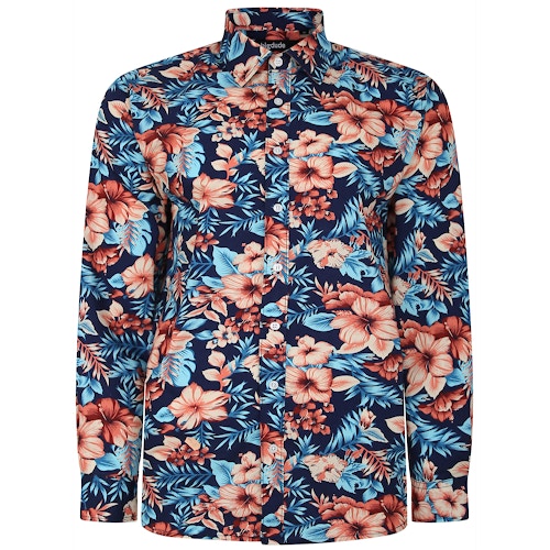 Bigdude Blumen-Popeline-Hemd mit langen Ärmeln, Marineblau