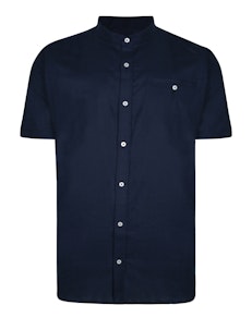 Bigdude Woven Linen Grandad Collar Short Sleeve Shirt Navy
