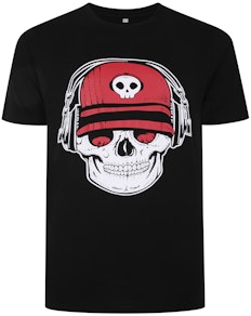 Bigdude T-Shirt mit Totenkopf-Kopfhörer-Aufdruck, Schwarz, groß